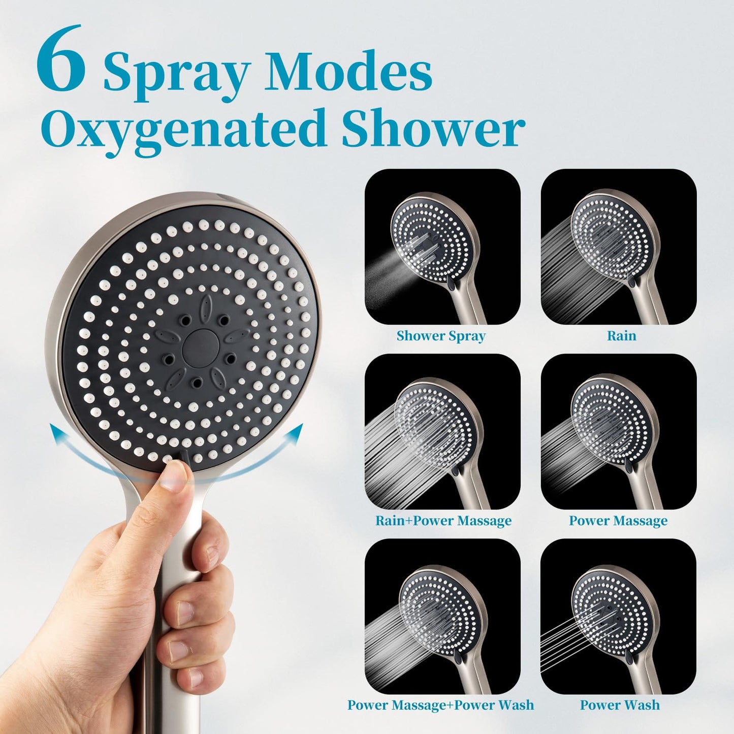 OFFO Handheld Shower Head Set, 6-Mode Brushed Nickel High Pressure Handheld Sprayer with 60" Stainless Steel Shower Hose, High Flow Large Powerful Boosting Handheld Showerhead for Low Water Pressure