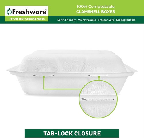 Freshware Compostable Clamshell Food Containers [8x8"] 3-Compartment 50-Pack, Disposable Containers, Biodegradable Sugarcane To Go Boxes - Paper Food Containers - Microwave & Freezer Safe, Stackable