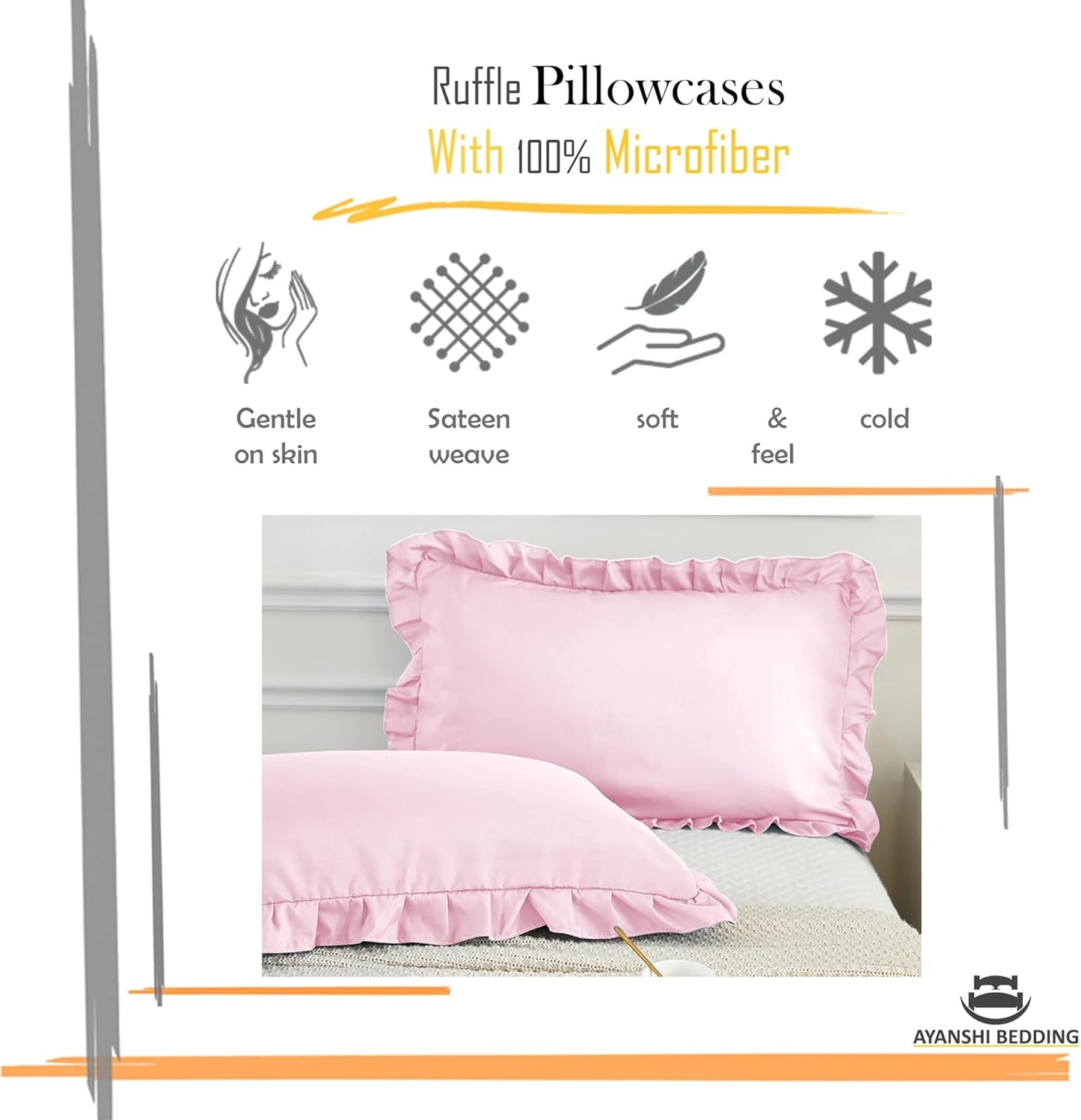 Skiennix Microfiber Ruffle Pillow Shams - Soft & Breathable Decorative Cases | Set of 2, Baby Pink, 20x26