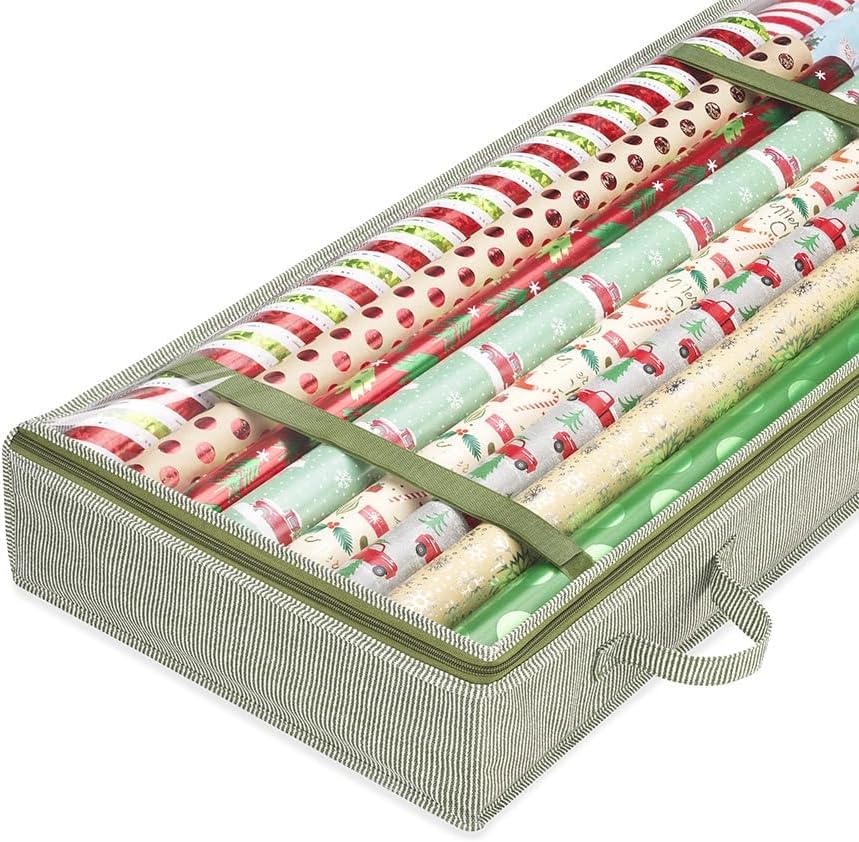 Whitmor Gift Wrap Organizer - Holds 30" & 40" Rolls - Stylish Stripe Design for Holidays