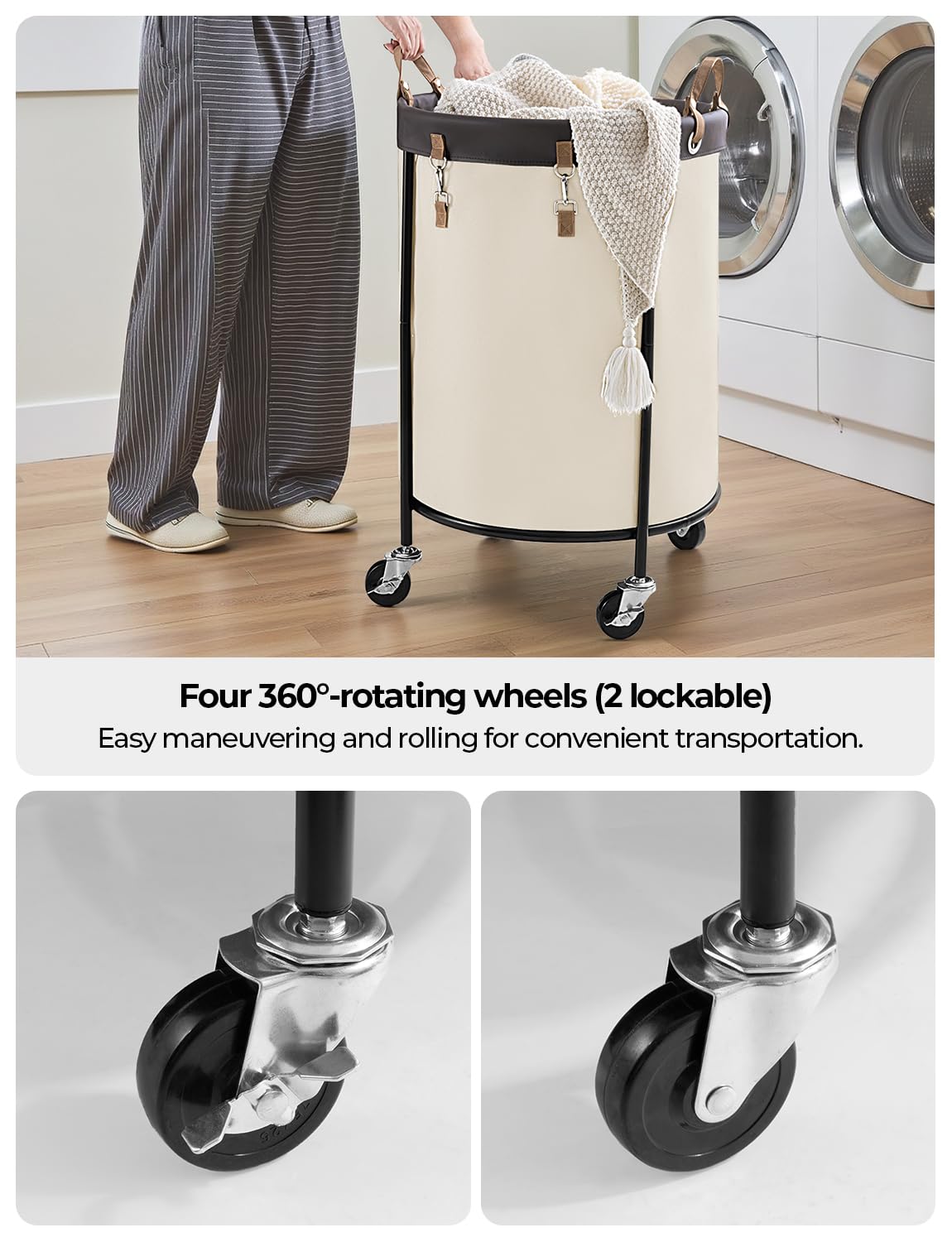 StorageWorks 170L Rolling Laundry Basket, Clothes Hamper with Wheels, Round Clothing Cart with Steel Frame and Removable Bag, 4 Casters and 2 Brakes, Beige, 1-Pack