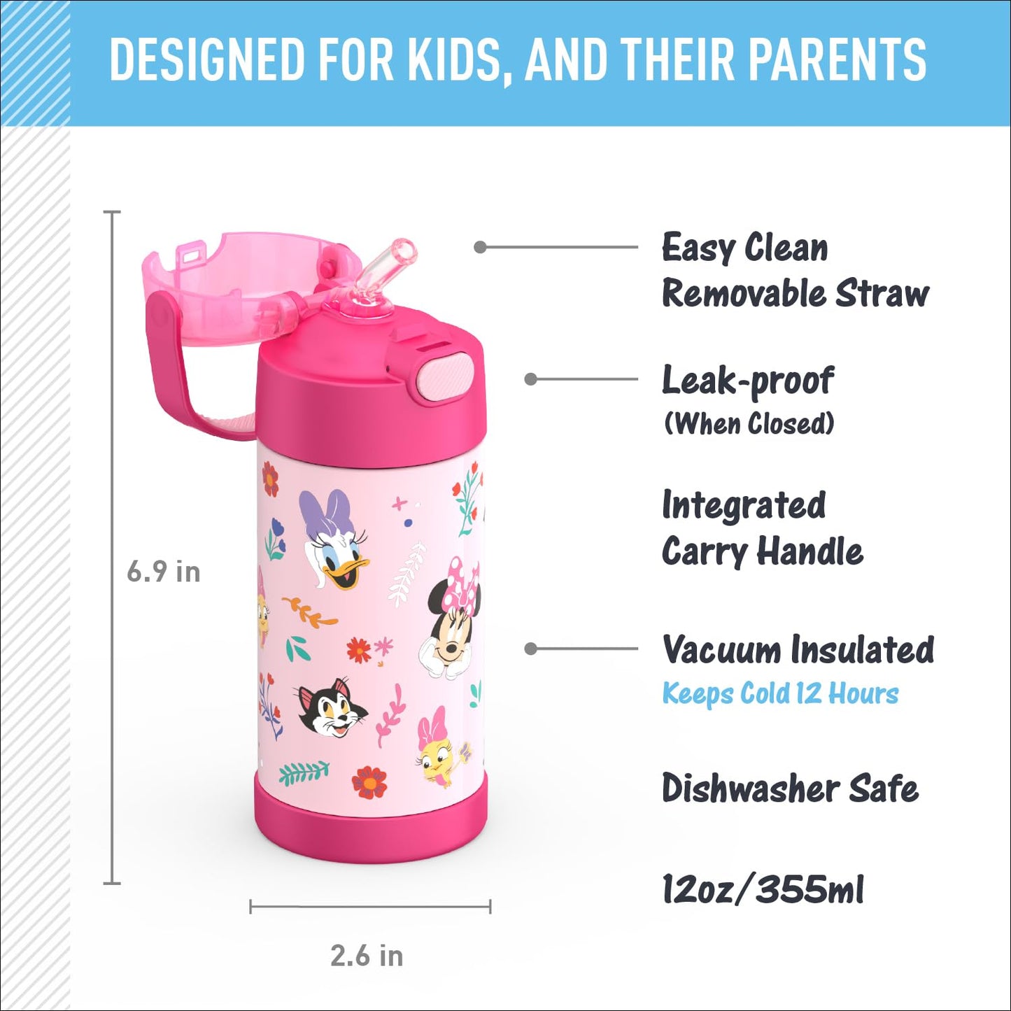 THERMOS FUNTAINER Water Bottle with Straw - 12 Ounce - Kids Stainless Steel Vacuum Insulated Water Bottle with Lid, Preschool Minnie