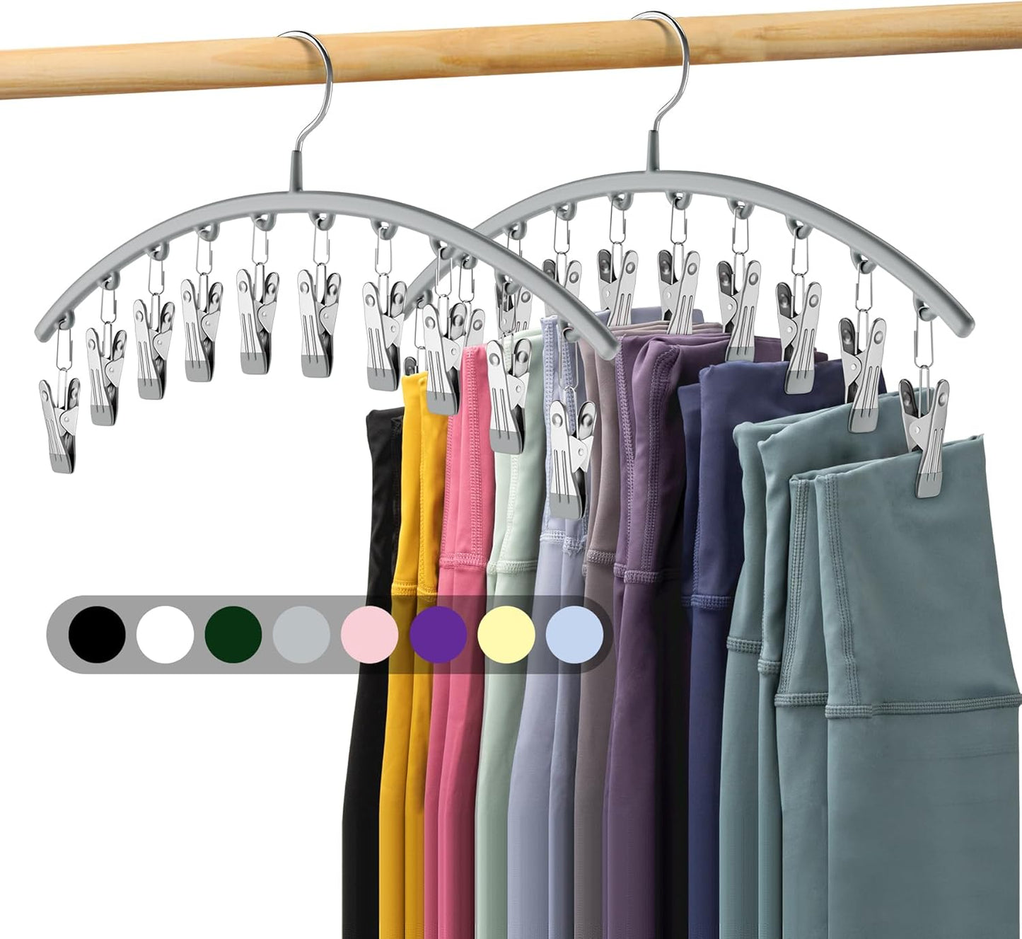 Volnamal Legging Organizer - Space-Saving Metal Yoga Pants Hanger | 2-Pack with 10 Clips, Grey
