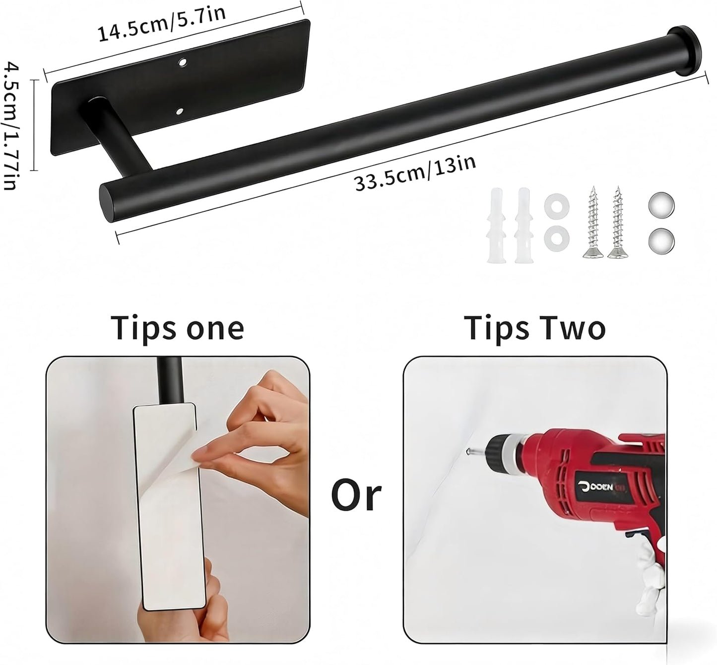 Skiennix Paper Towel Holder - No Drilling, Self-Adhesive Wall Mount for Kitchen - 304 Stainless Steel (Black)