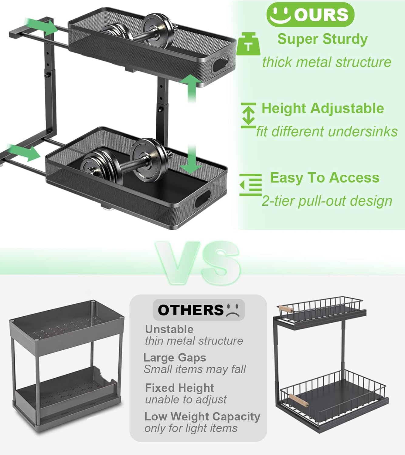 Under Sink Organizer 2-Pack | Adjustable 2-Tier Metal Storage Drawers for Kitchen & Bathroom