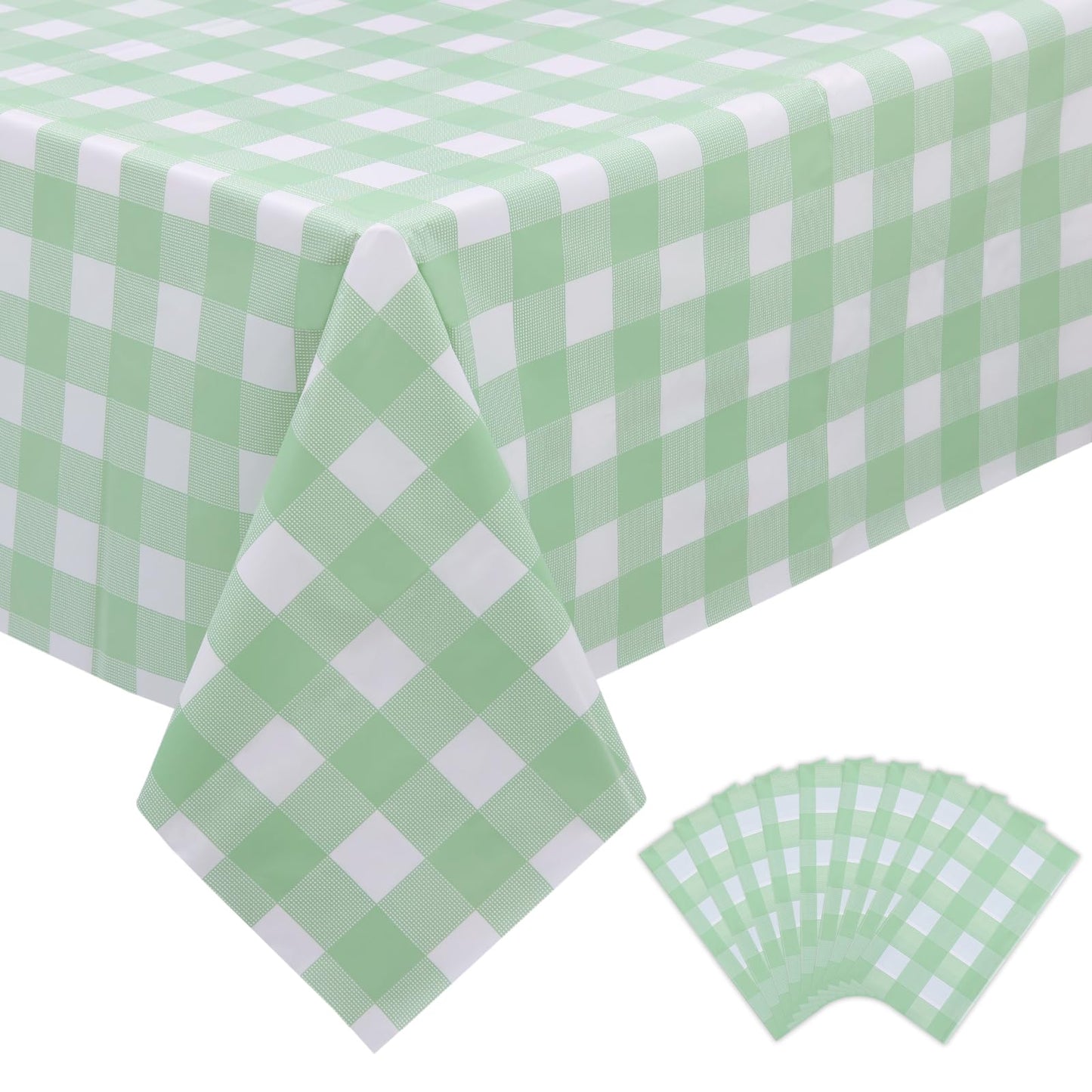 Kesfey 9 Packs Sage Green Gingham Tablecloth Sage Green and White Checkered Table Cloths 54 x 108 Inches Disposable Plastic Gingham Tablecovers Waterproof Picnic Camping Table Covers for Baby Shower
