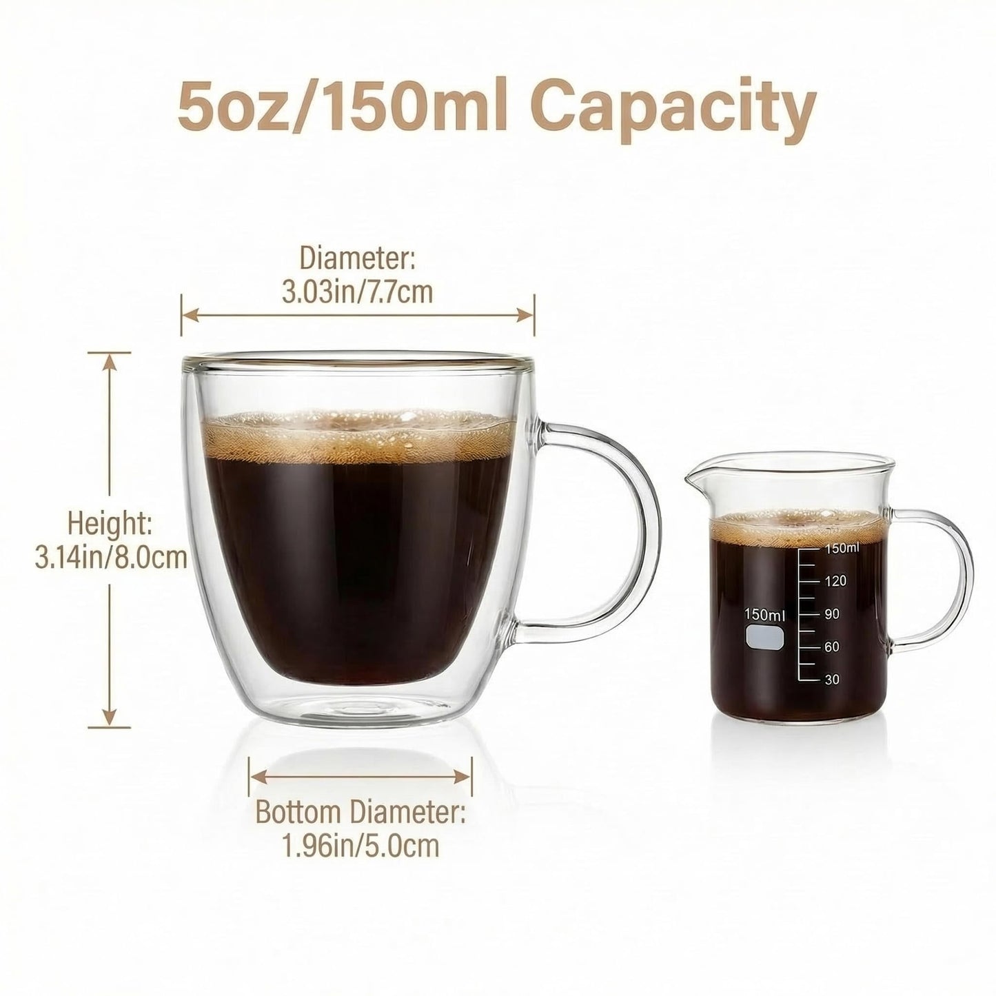 Stylusella Double Wall Glass Coffee Mugs 5oz / 150ml, Set of 2 Insulated Mugs with Handles, Stylish Tazas de Cafe Con Estilo