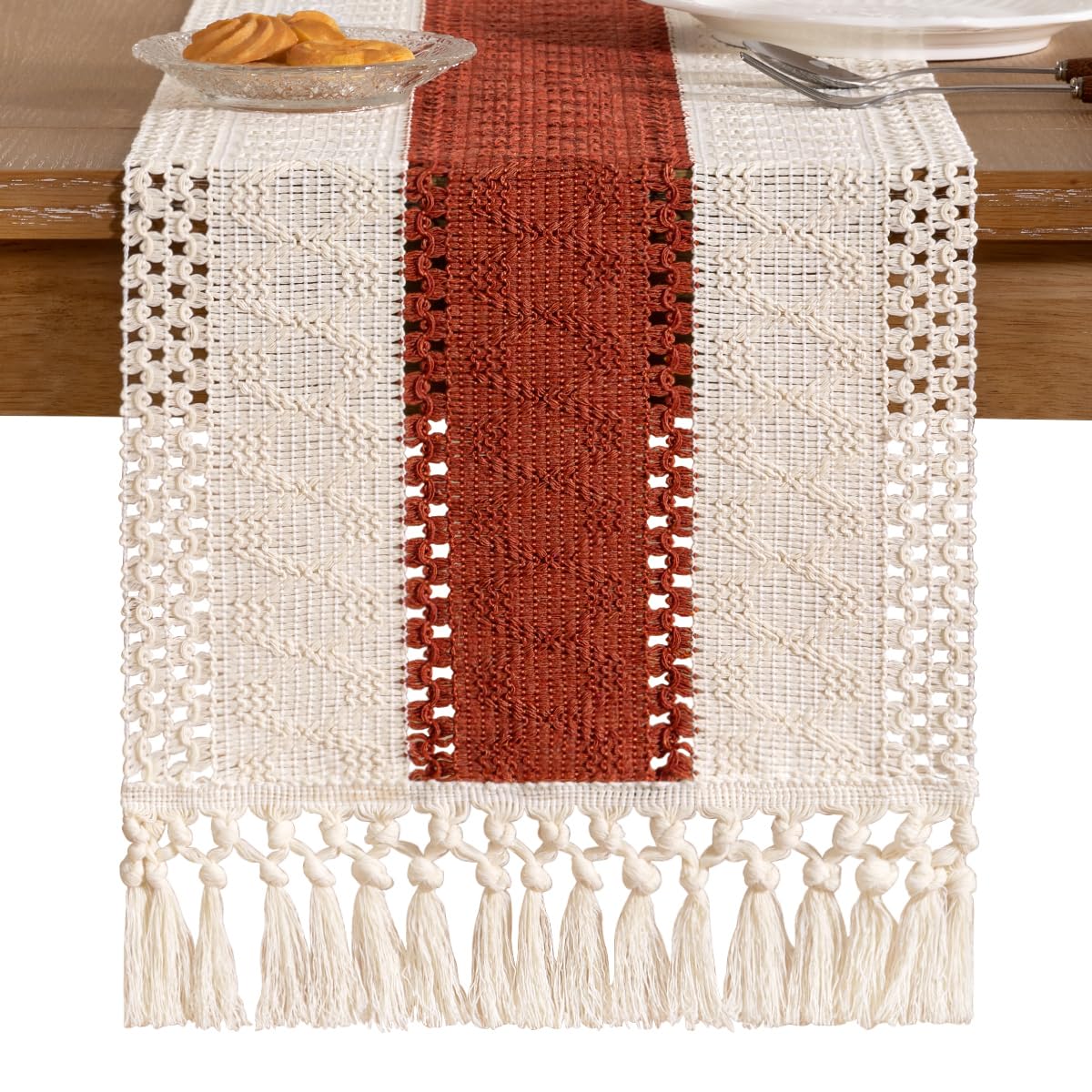 Socomi Boho Table Runner Summer Farmhouse Rustic Dining Kitchen Small Macrame Woven Cotton Linen Coffee Table Runner for Dresser Scarf Home Decor 12x60 inch Terracotta Ivory