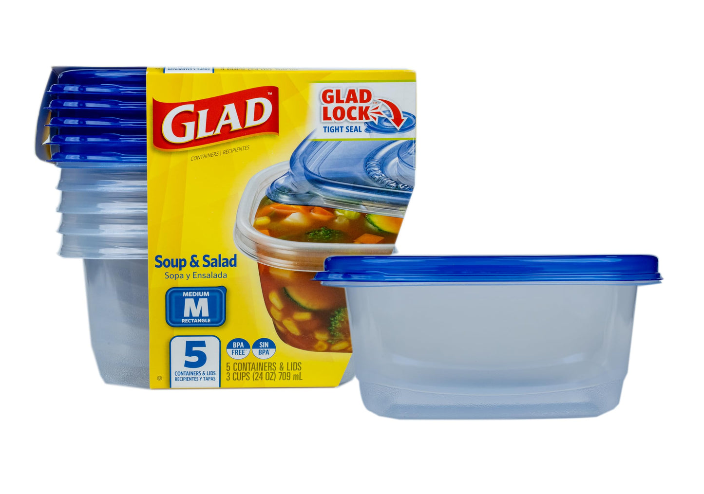 Glad GladWare Medium Rectangle Food Storage Containers with Lids, BPA Free Plastic for Soups Salads and Meal Prep, Airtight Leak Resistant, Microwave Dishwasher Freezer Safe, 24 Oz, 5 Count