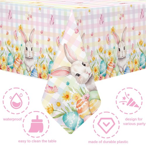3 Pcs Easter Plastic Tablecloths, 108x54 inch Large Happy Easter Buuny Disposable Table Covers, Spring Flowers Rabbit Coloful Eggs Check Birthday Baby Shower Party Table Decorations Photo Booth Props