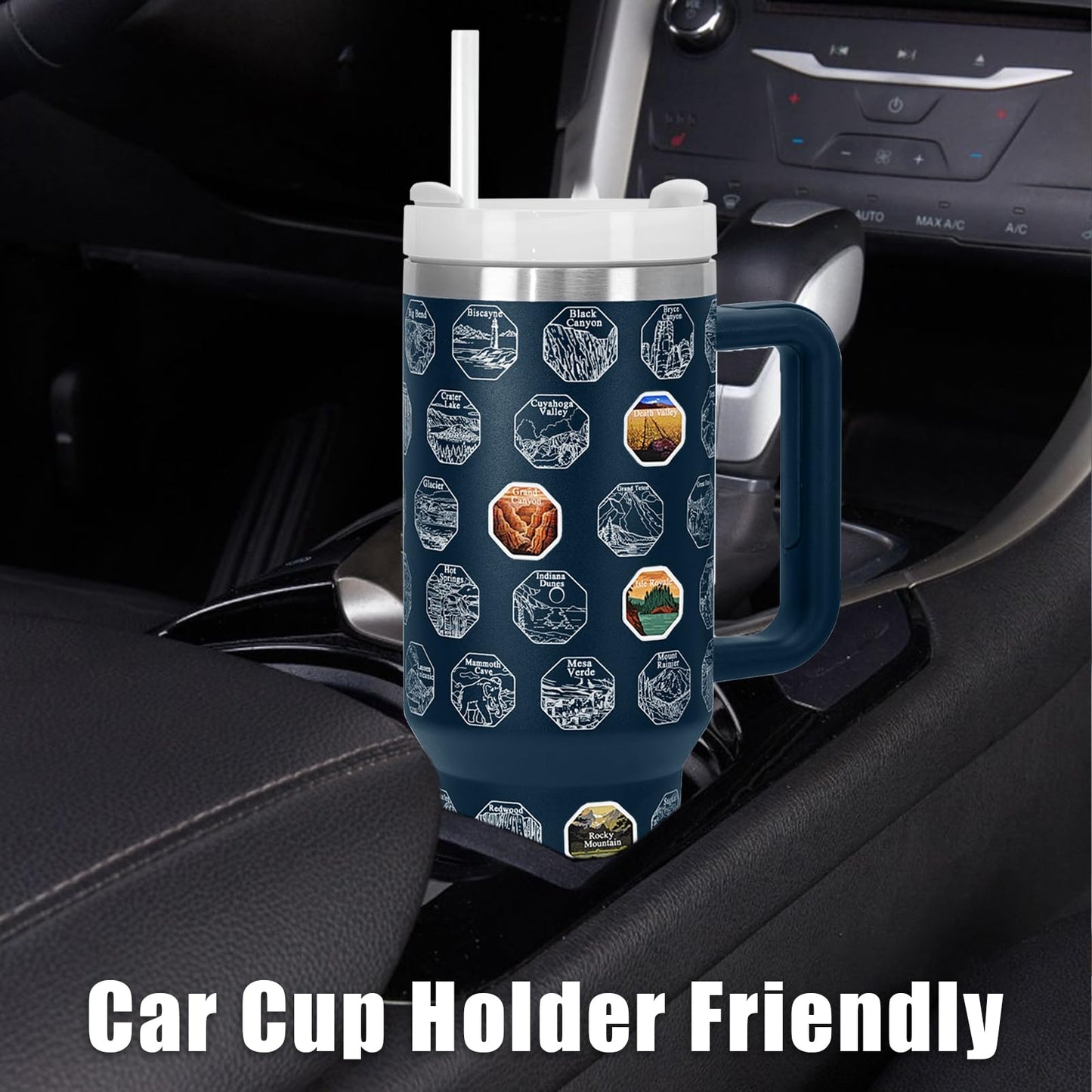 XccMe 63 National Parks Water Bottle with Stickers,40 oz Tumbler with Handle and Straw,2 Lids,40 oz Double Wall Insulated Tumbler,Stainless Steel Leak Proof Tumbler,Travel Coffee Mug (Blue)