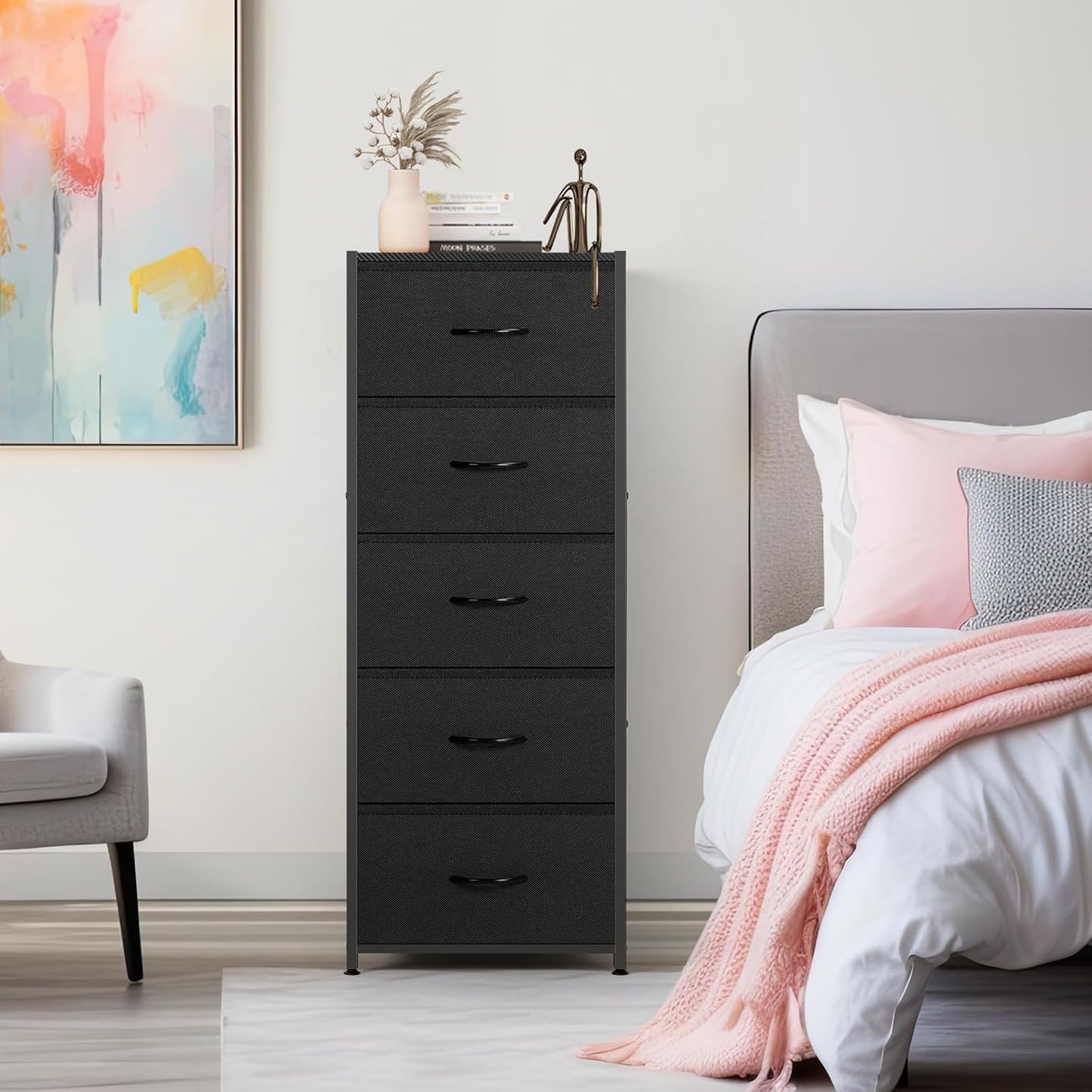 MOOACE 5-Drawer Dresser | Tall Fabric Storage Unit with Wooden Top | Black Metal Frame for Bedroom & Hallway