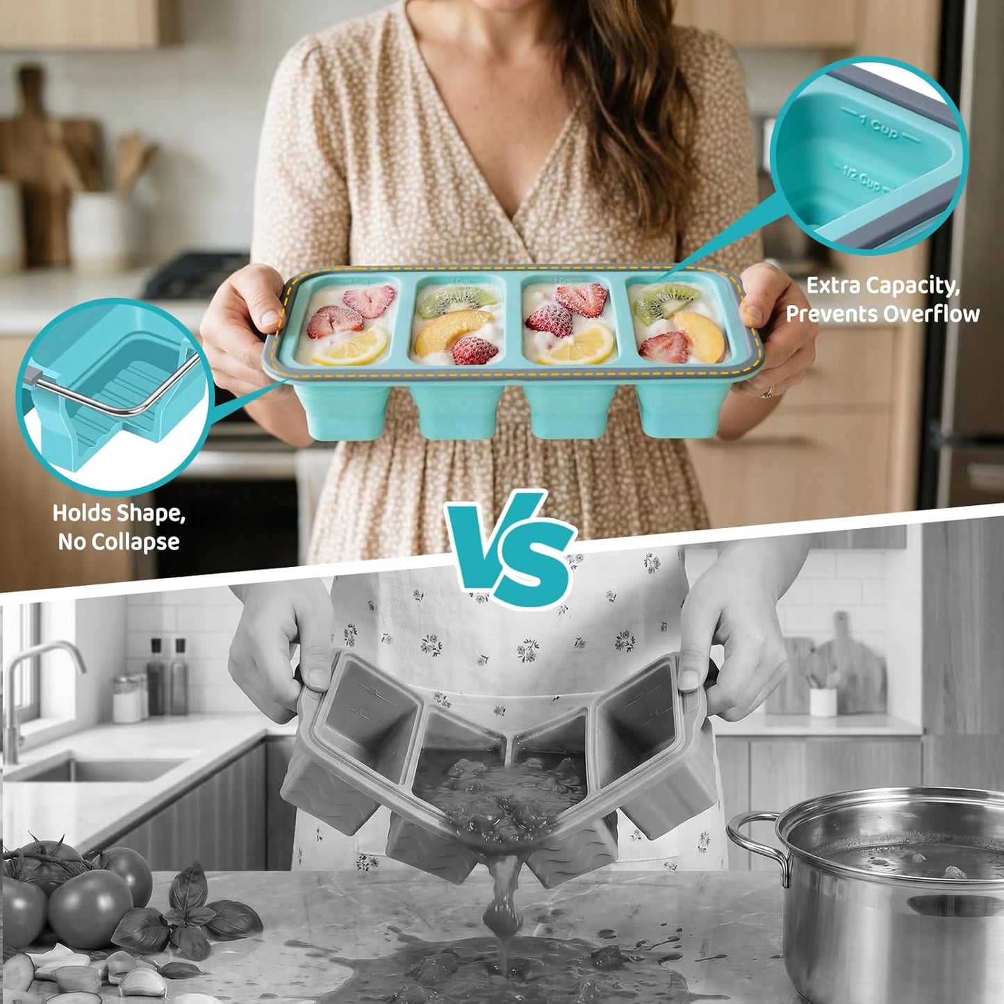 Skiennix Foldable Silicone Freezer Trays - 1-Cup Soup Molds with Lids | BPA-Free, Stackable Meal Prep Containers