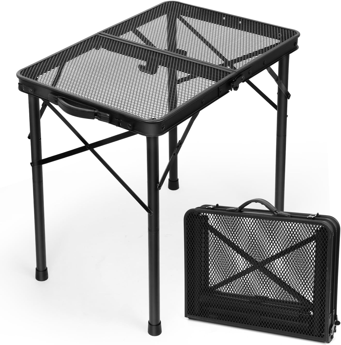 Skiennix Folding Camping Table - Adjustable Height 10.6–22 in, Portable Black Metal Mesh, 23.6×15.8 in, 66 lb Capacity