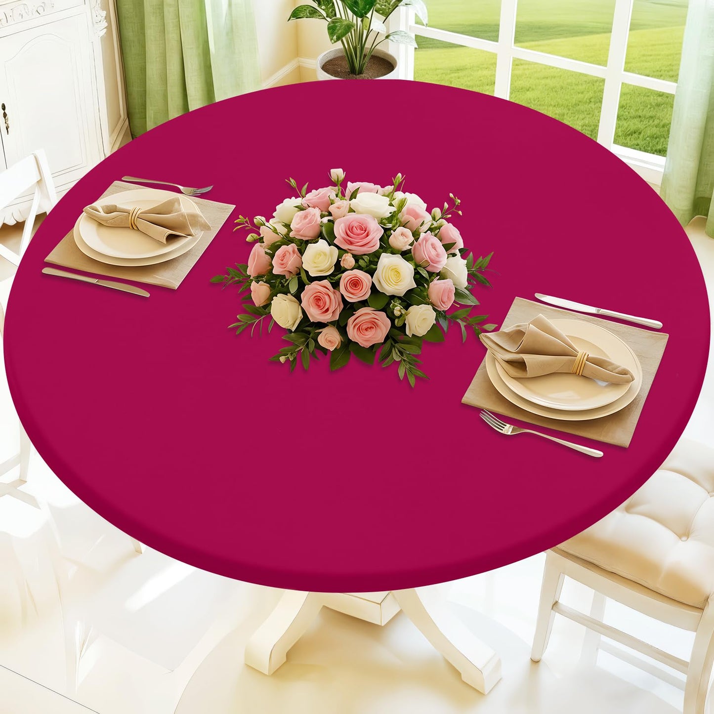 Moosfor Round Spandex Tablecloth, Elastic Fitted Waterproof Tablecloths for 31"-35" Tables, Stretch Washable Picnic Table Cover for Camping, Dining, Indoor and Outdoor, Fuchsia