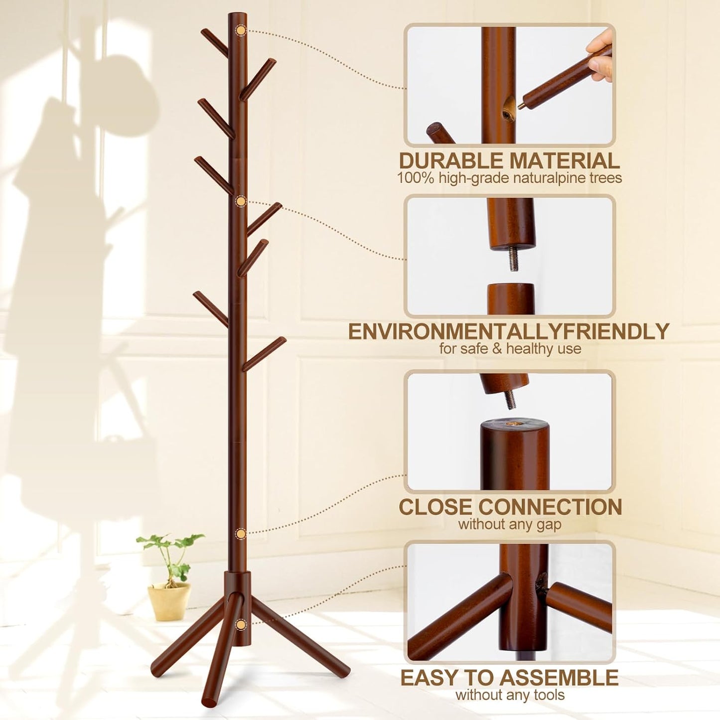 Solid Wooden Coat Rack - Freestanding New Zealand Pine Tree with 8 Hooks | Adjustable Sizes for Coats, Hats, and Handbags (Brown)
