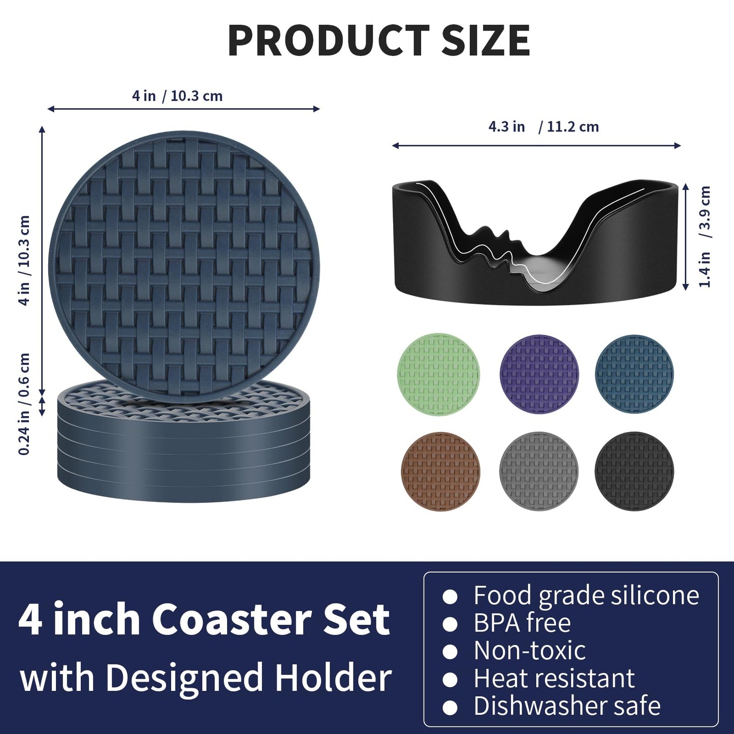 4 Inch Blue Silicone Coasters for Drink Set of 6, Heat-Resistant Waterproof Non-Slip Cup Mats, Round Table Protectors for Coffee Mugs & Beverage Cups, Ideal for Home Kitchen Office Use