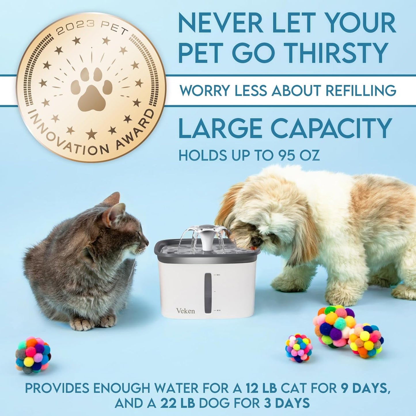 Veken Pet Fountain - Automatic 95oz Cat & Dog Water Dispenser with Replacement Filters | Grey Plastic