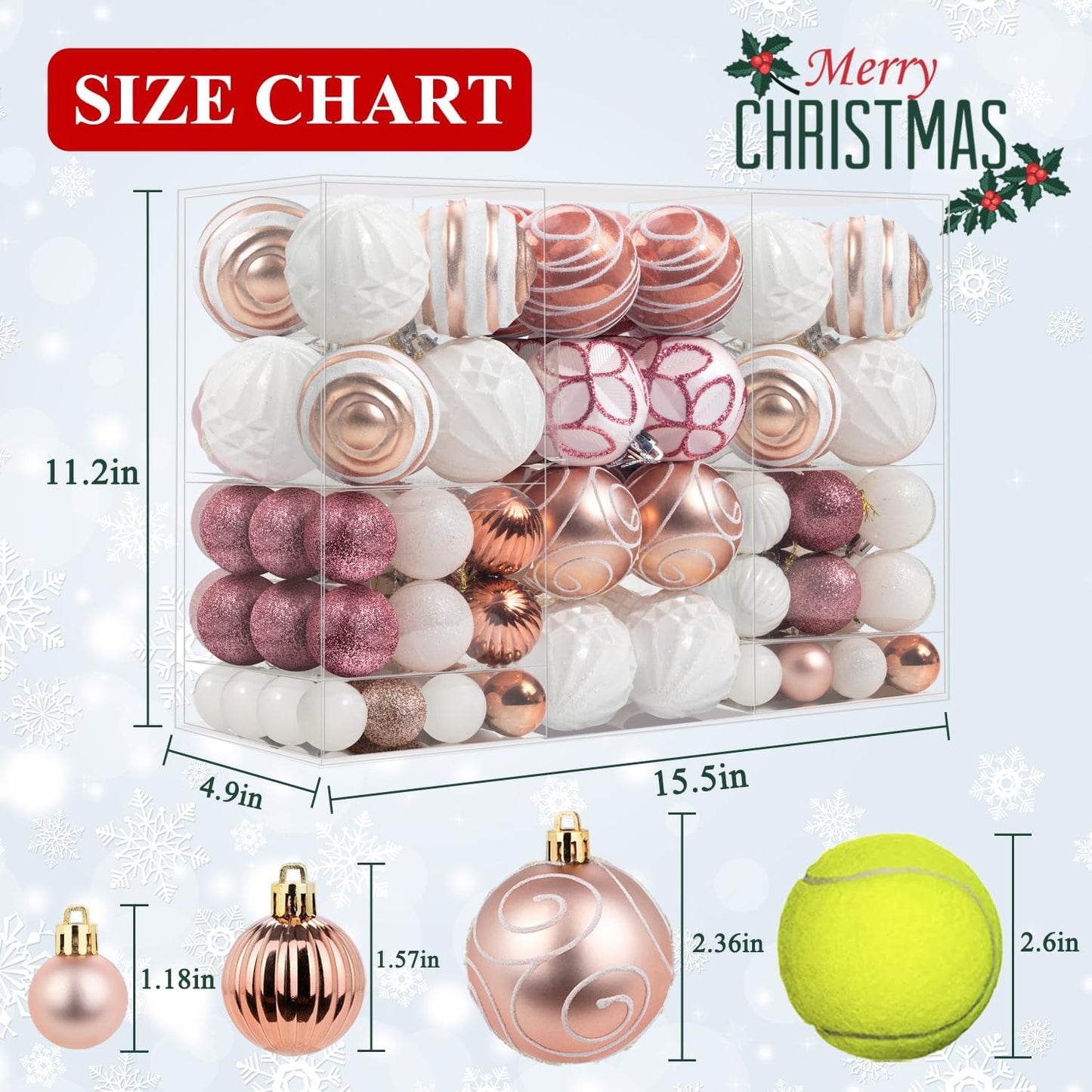 100 Pcs Christmas Ball Ornaments Set, Rose Gold and White Xmas Tree Decoration, Pink White Shatterproof Decorative Hanging Balls with Loop for Christmas Party Holiday Wreath Garland Home Décor