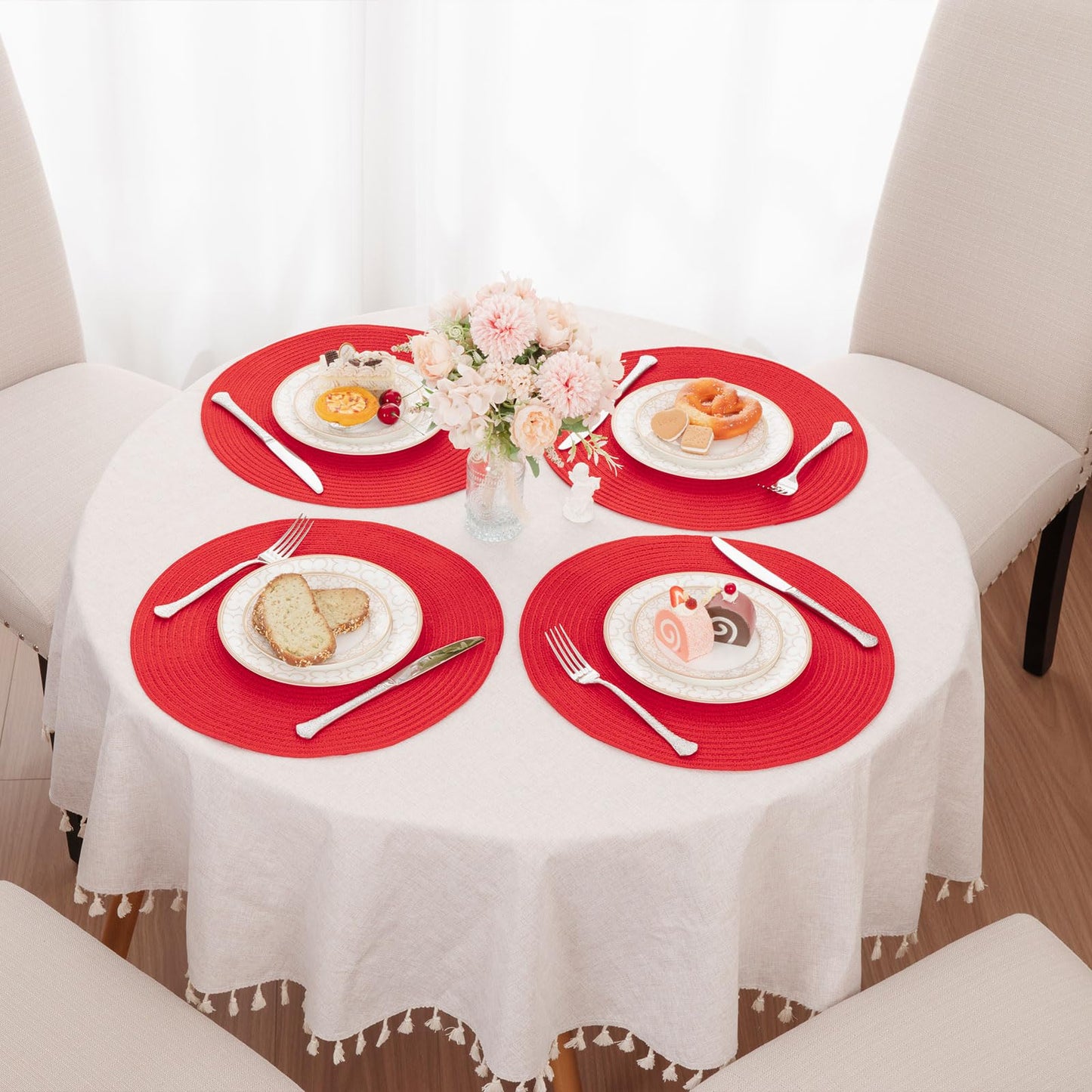 SHACOS 15 inch Round Placemats Set of 6 Braided Non Slip Washable Place Mats for Dining Tables Kitchen Table Mats Home Wedding Party Decor (Red, 6)