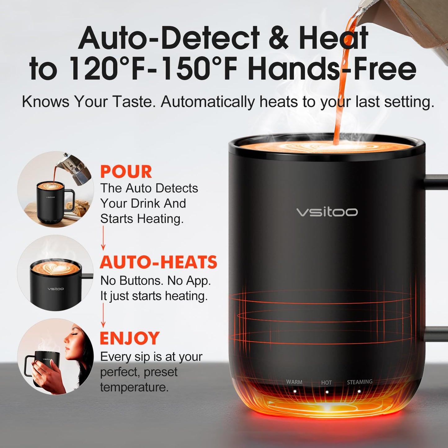 Vsitoo S3 Plus 14oz Heated Coffee Mug - Temperature Control Smart Mug with Mug Warmer, Auto-Sensing AI Heats Drinks to 120-150°F Hands-Free.Ideal for Home/Office/Gifts, Tan