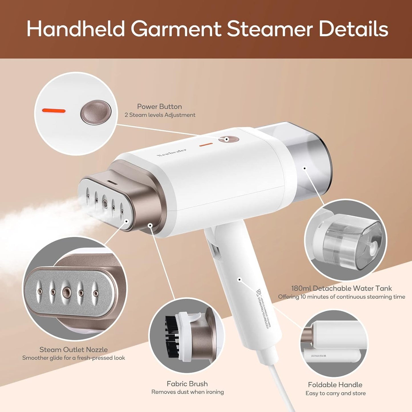 Newbealer Handheld Clothes Steamer - 1200W Travel Steamer with Dual Steam Levels | Lightweight & Foldable, 180ml Capacity