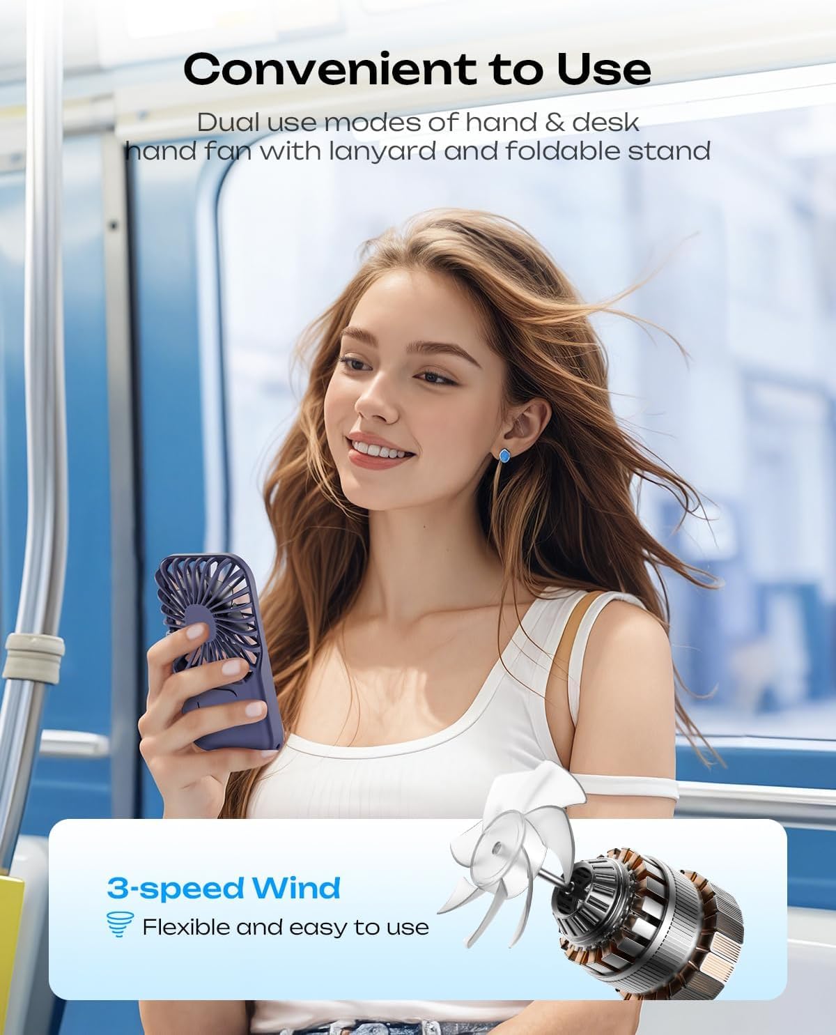 Otlonpe Rechargeable Mini Handheld Fan - Portable Battery-Powered Design | 3-Speed, Foldable Stand, Blue