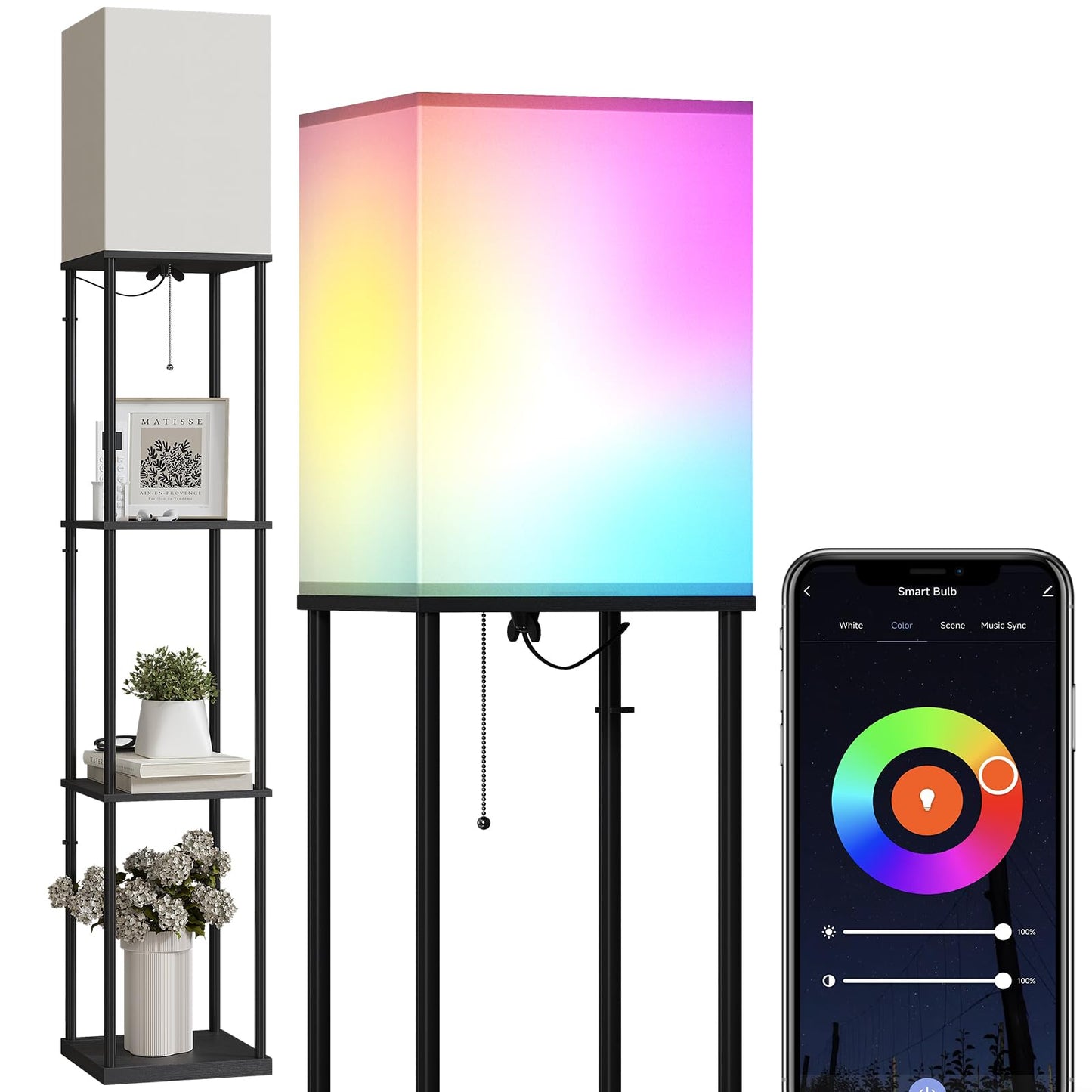 SUNMORY Floor Lamp with Shelves, Smart APP Control Standing Lamps with RGB Bulb, 4-Tier Dimmable Floor Lamps for Living Room, Tall Lamp for Bedroom, Office, Corner Display Bookshelf Lamp