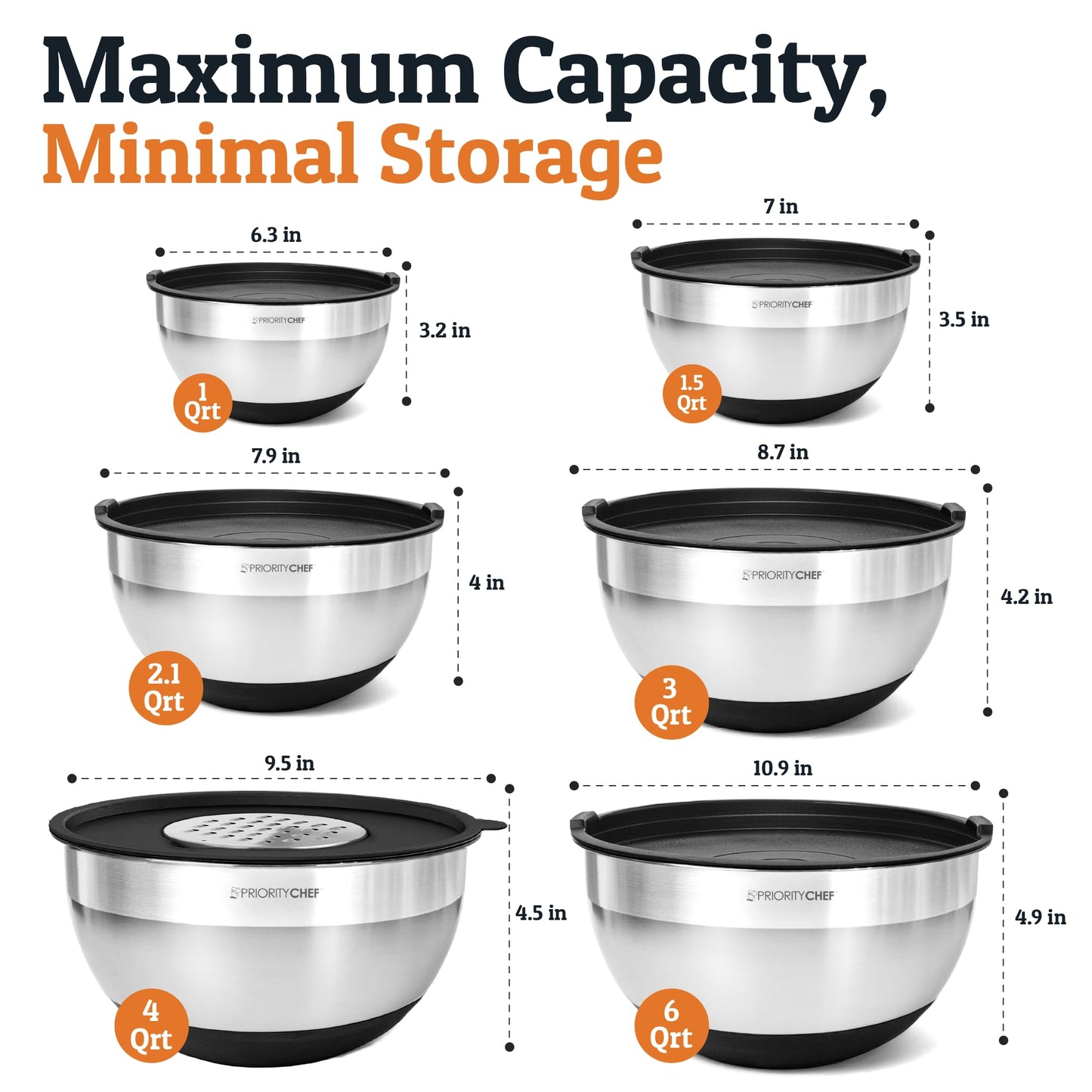 Priority Chef Stainless Steel Mixing Bowls with Lids Set - Premium 30Pcs with 6pc Metal Bowl Set for Kitchen, 3 Graters, Airtight Lids, Non-Slip Bases & Silicone Utensils, Black