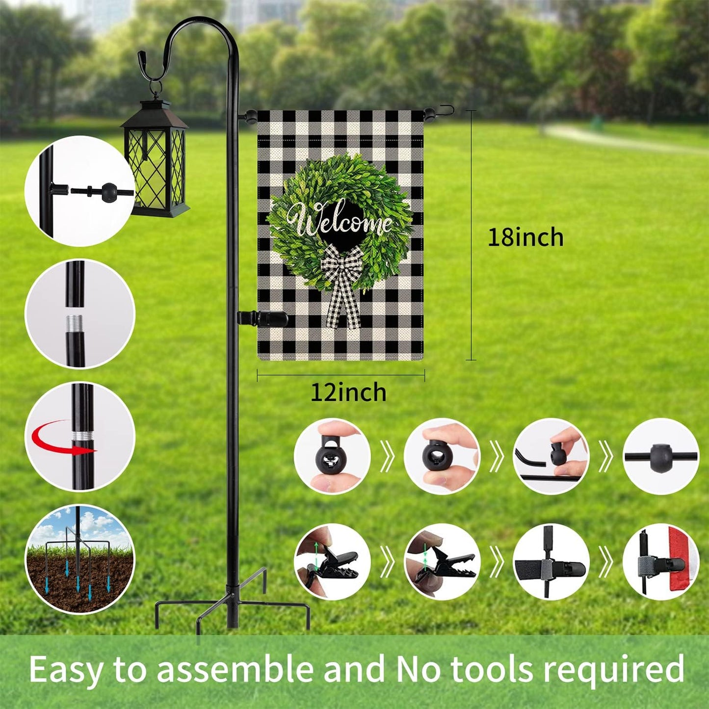 **GFSH Garden Flag Holder Stand - 48 Inch Metal Pole for 12x18 Flags & Solar Lights | Black**