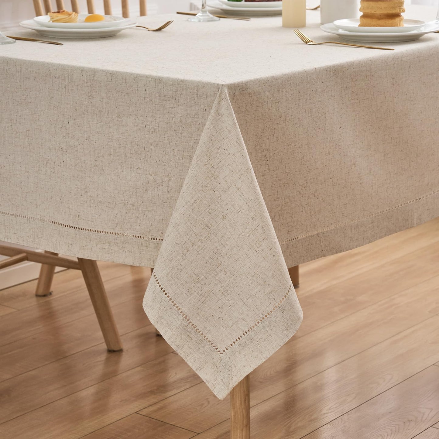 Zdolmy Natural Flax Linen Handmade Hemstitch Tablecloth 70" x 55"– Undyed Square Table Cover for Kitchen, Dining & Decoration, Ideal for Father's Day