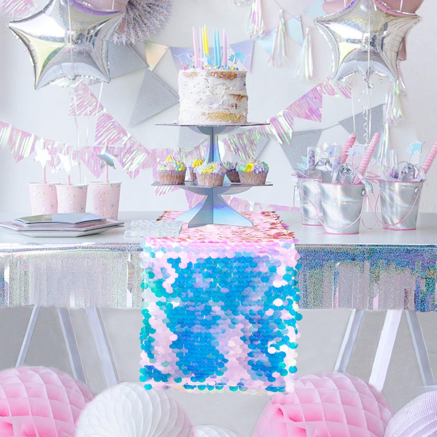 Yblut 1 Pack Mermaid Party Table Runner 12 x 84 Inches Mermaid Tail Scales Sequin Table Runner Glitter Holographic Table Cover for Birthday Party Ocean Decorations