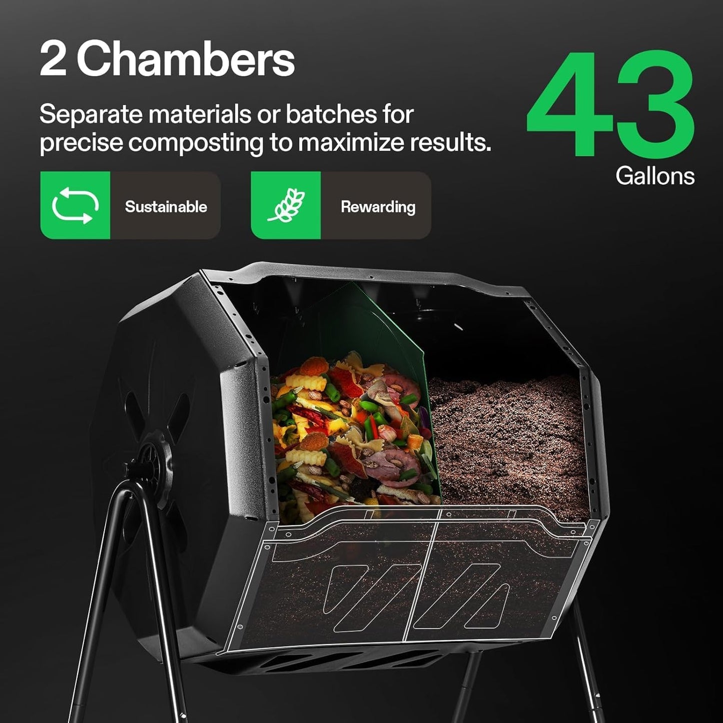 VIVOSUN Outdoor Compost Bin - Dual Rotating 43 Gallon Tumbling Composter with Black Door