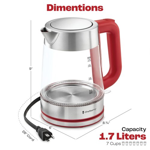 Electric Kettle for Boiling Hot Tea & Water | 1.7L Stainless Steel Borosilicate Glass Boiler With No Plastic, Automatic Shutoff, BPA Free, Fast Heating Technology (Red)