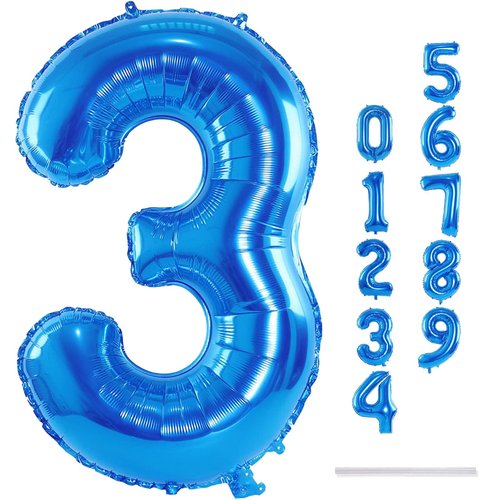 40 Inch Balloon Number 3 Blue, Large Foil Number Balloons Set 0-9, Digital 3 Helium Balloons for Boys Men 3rd 13th 30th Birthday Anniversary Graduation New Year's Eve Party Decoration Supplies