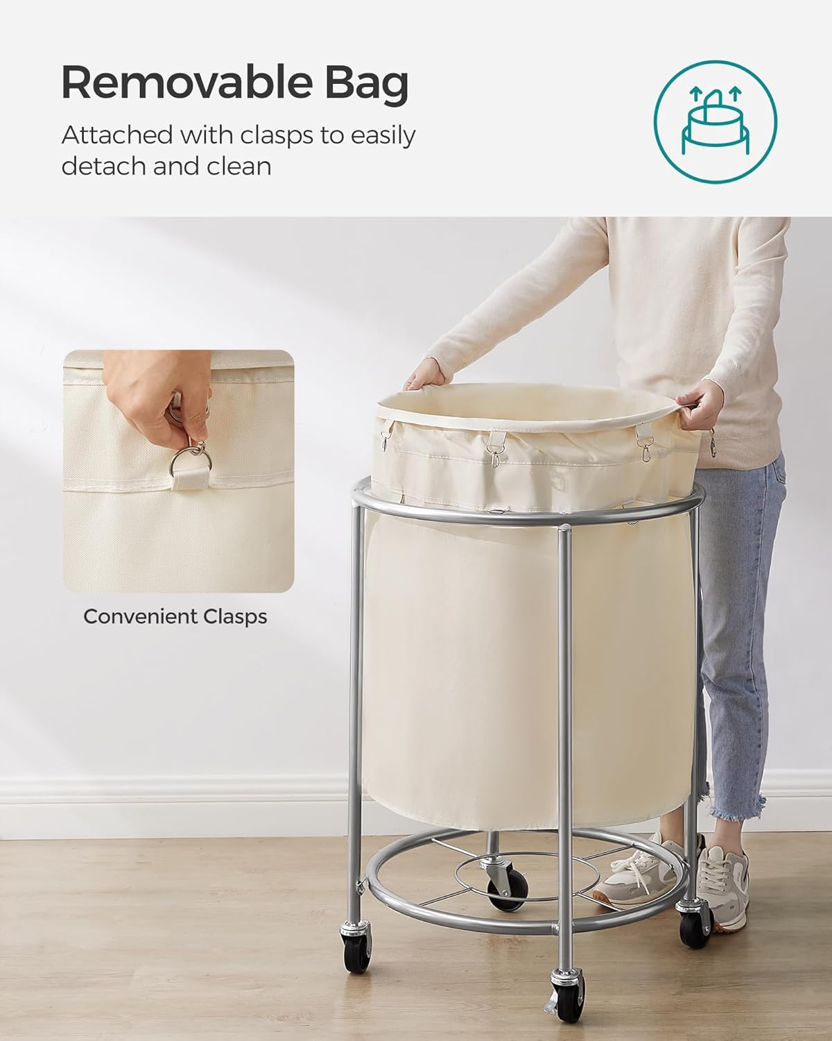 SONGMICS Laundry Basket - 50.2-Gallon Rolling Hamper Cart with Steel Frame & Removable Bag - Cream White & Metallic Silver