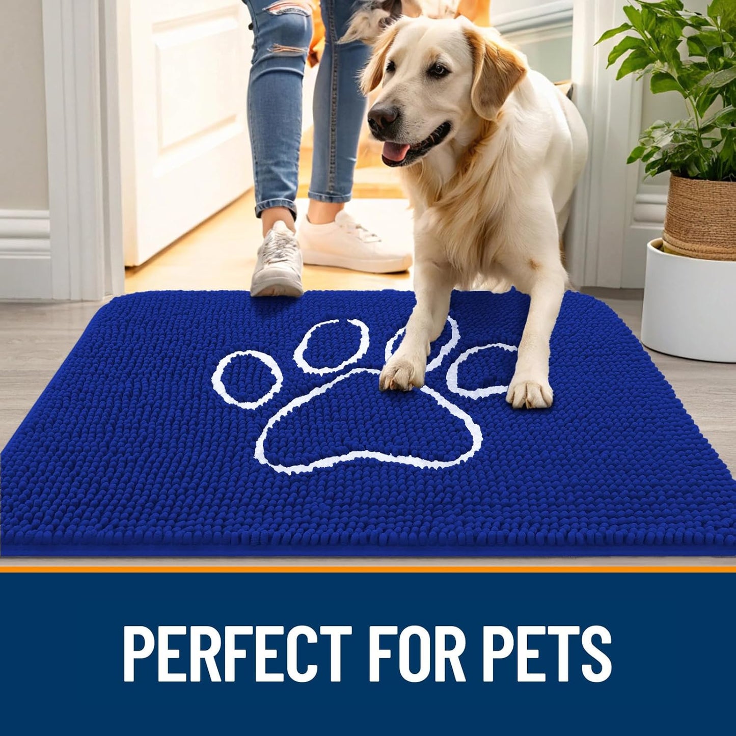OLANLY Dog Door Mat - Absorbent Muddy Paws Doormat | Non-Slip Chenille 30x20, Royal Blue