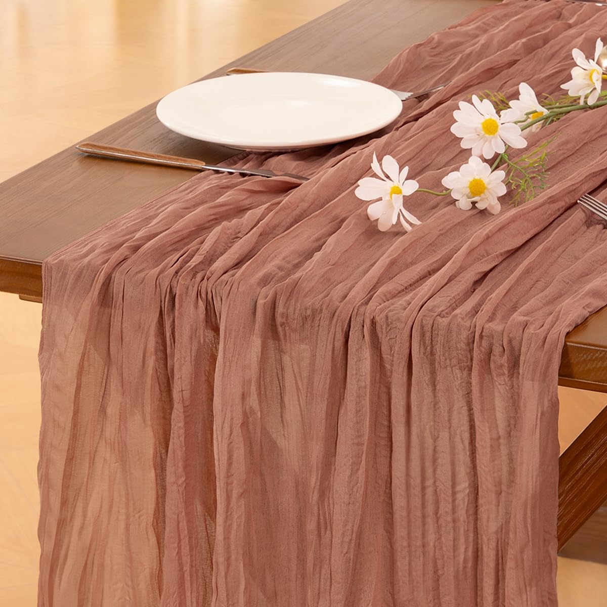 Socomi Cheesecloth Table Runner - Boho Rustic Design in Dusty Rose | 120 Inch for Weddings & Events