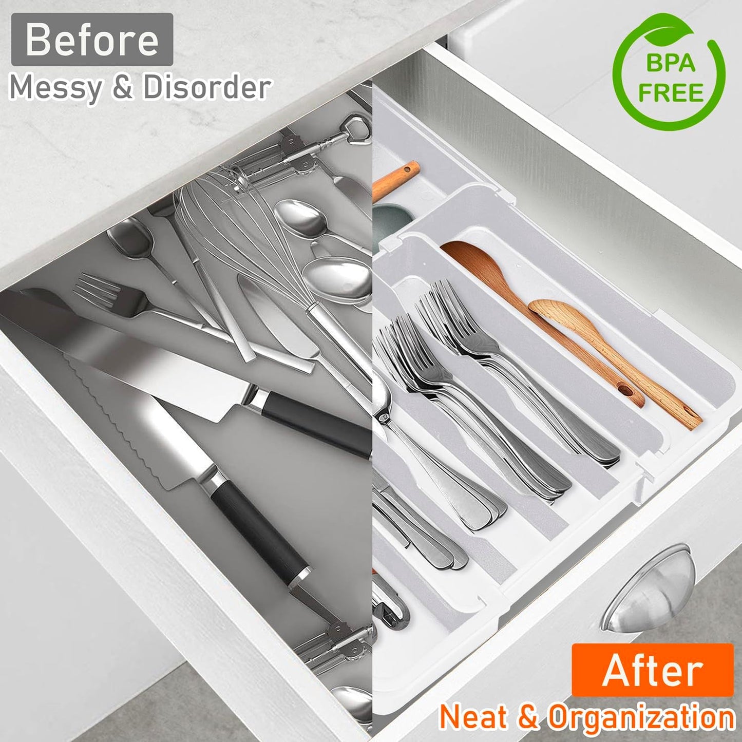 Spaclear Silverware Organizer - Expandable BPA-Free Utensil Drawer Organizer with 7 Compartments | White