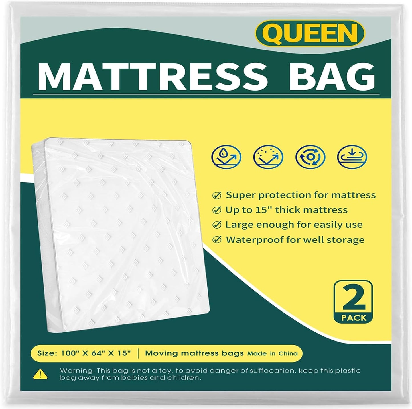Skiennix Queen Mattress Bags - Waterproof Plastic Covers for Moving & Storage | 100 x 64 x 15 Inches (2 Pack)