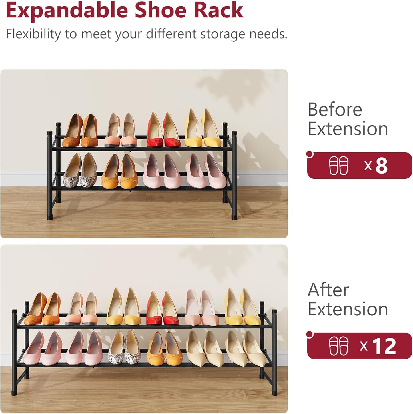 Tajsoon Expandable Shoe Rack - 2 Tier Adjustable & Stackable Metal Organizer | 28"-41" Black Storage Solution