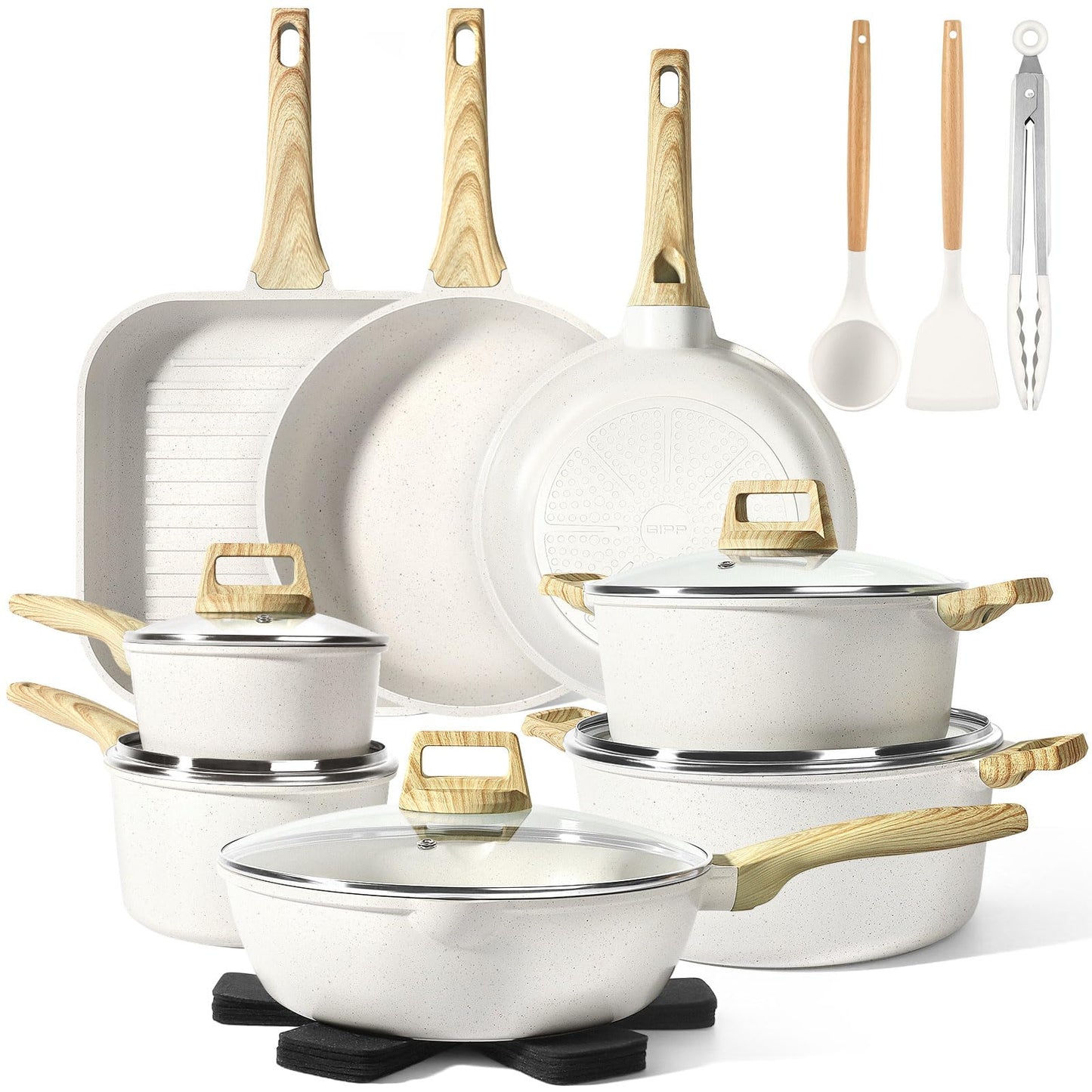GiPP 21Psc Pots and Pans Set Non Stick - White Granite Kitchen Cookware Sets Nonstick Induction Cookware Non-toxic Cooking Pan Set with Silicone Utensils, PFOS and PFOA Free