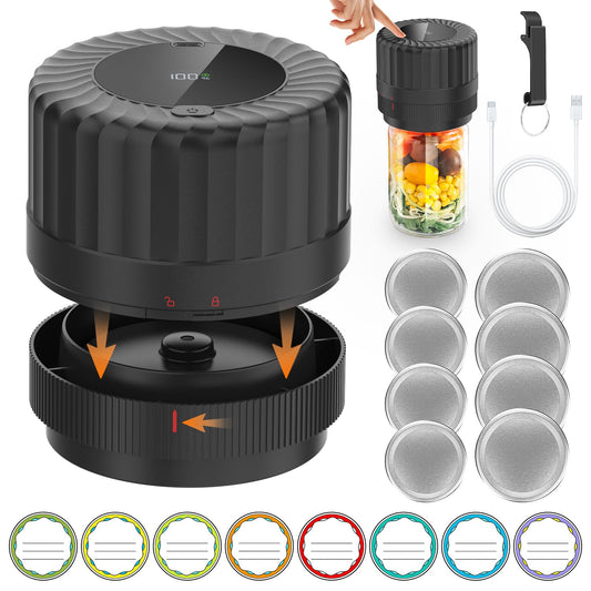 Electric Mason Jar Vacuum Sealer for Cannning＆Food Storage,Led Display,All-in-One Mason Jars Vacuum Sealer Kit for Wide Mouth＆Regular Mouth Jars,Cordless Vacuum Sealer for Kitchen Supplies-8 Jar Lids