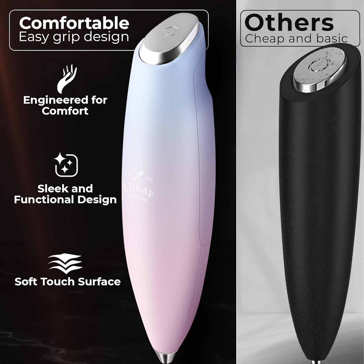 Zulay Kitchen Tornado Triple Whisk Milk Frother - Handheld Foam Maker for Coffee & Lattes - Orchid Color with 4 Duracell Batteries