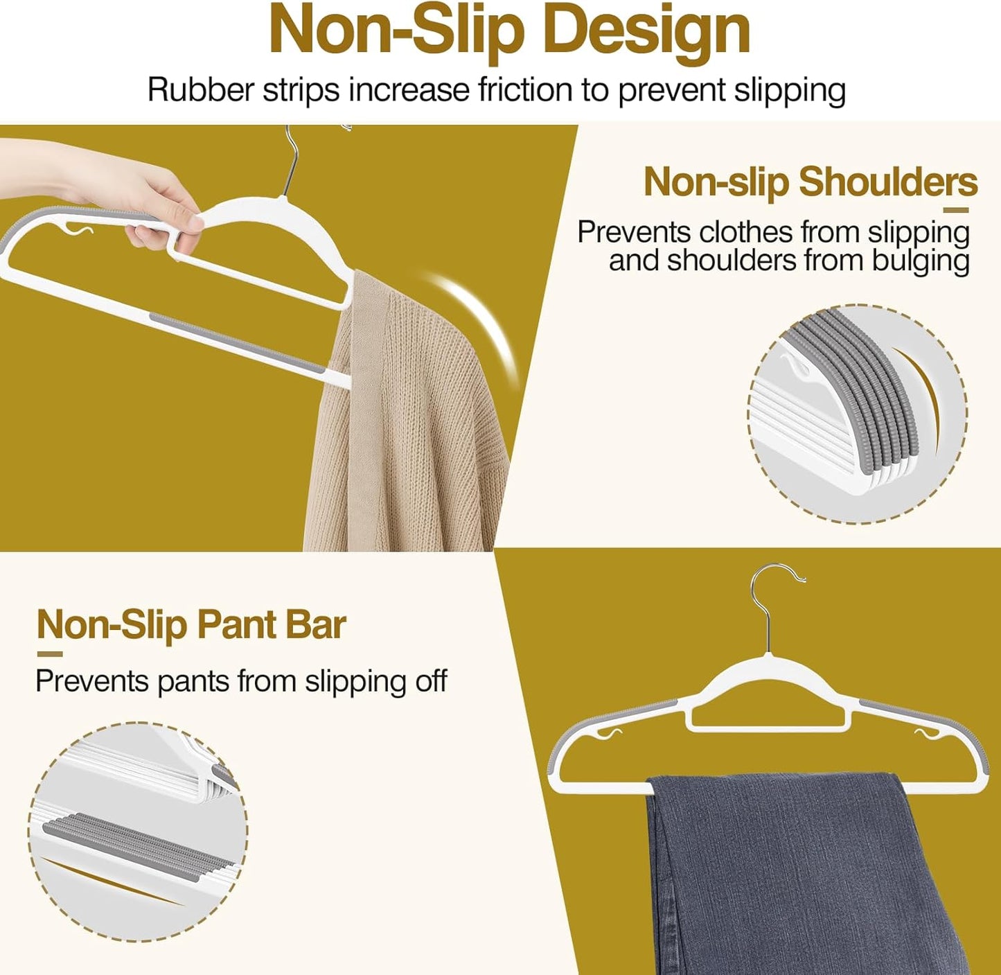 Plastic Hangers 50 Pack - Heavy Duty 16.5 in Non-Slip Clothes Hangers with 360° Swivel Hook | Space-Saving White & Dark Gray