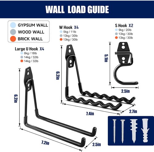 Heavy Duty Garage Hooks - 12 Pack Iron Storage Hangers with Anti-Slip Coating for Tools, Bikes & Ladders