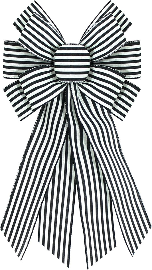 Skiennix Burlap Wreath Bow - Black & White Stripes | 20 x 11 Inches for Home & Front Door Decor