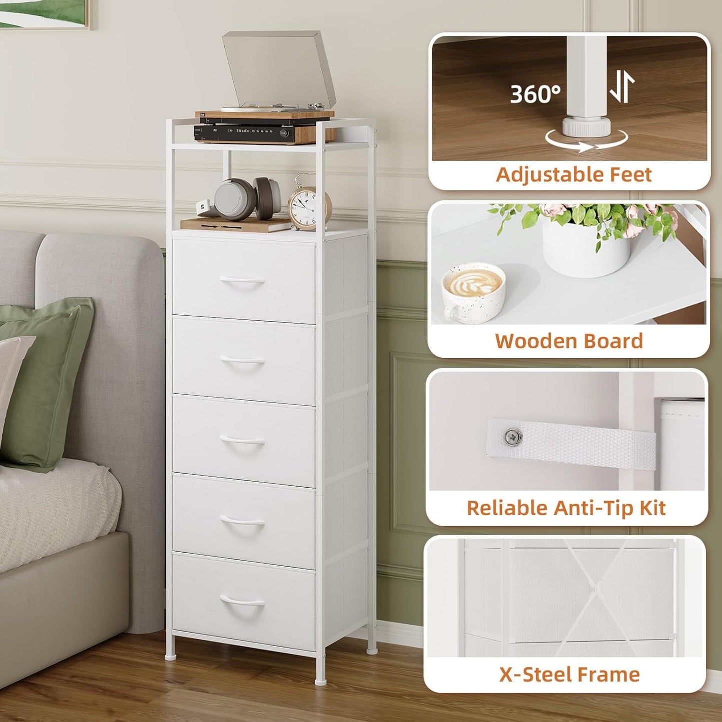 Somdot Tall Dresser - 5-Drawer Vertical Storage Tower Unit for Bedroom | White Leather Finish