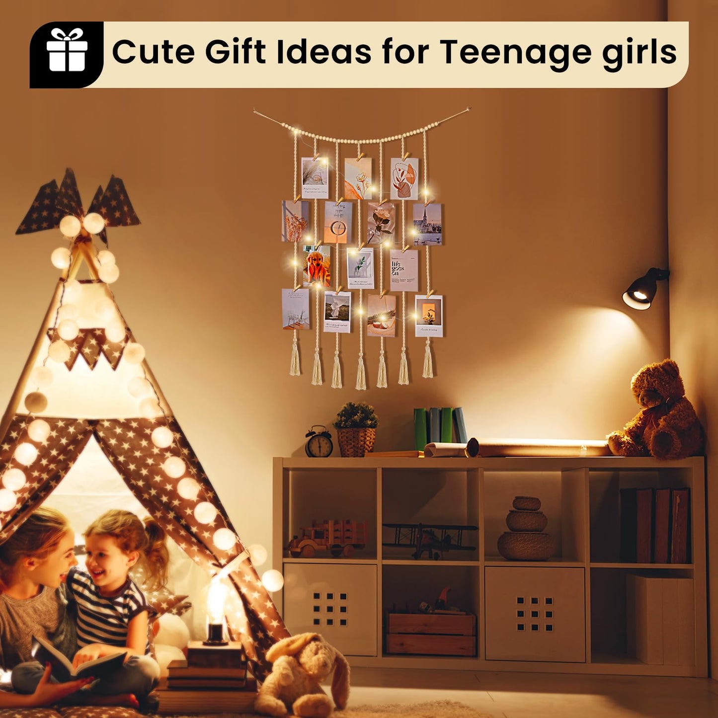 Poefditev Macrame Hanging Photo Display Boho Wall Decor with String Lights Wooden Beads Garland Picture Frame Collage Holder with 30 Clips for Room, Bedroom, Dorm, Christmas Teenage Teen Girl Gifts (Beige, Medium)