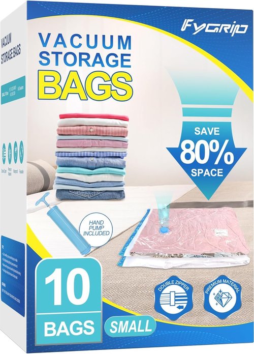 Fygrip Vacuum Storage Bags - Space-Saving Seal Bags with Hand Pump for Clothing & Blankets | 10 Small Bags